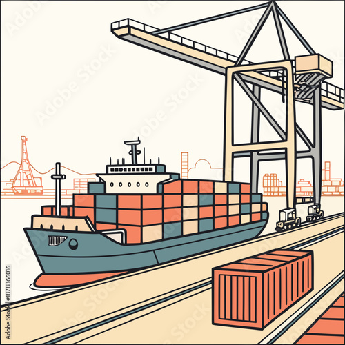 Cargo ship docked at seaport with containers and cranes