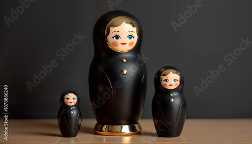 Elegant black matryoshka dolls with golden accents displayed on a wooden surface against a dark background