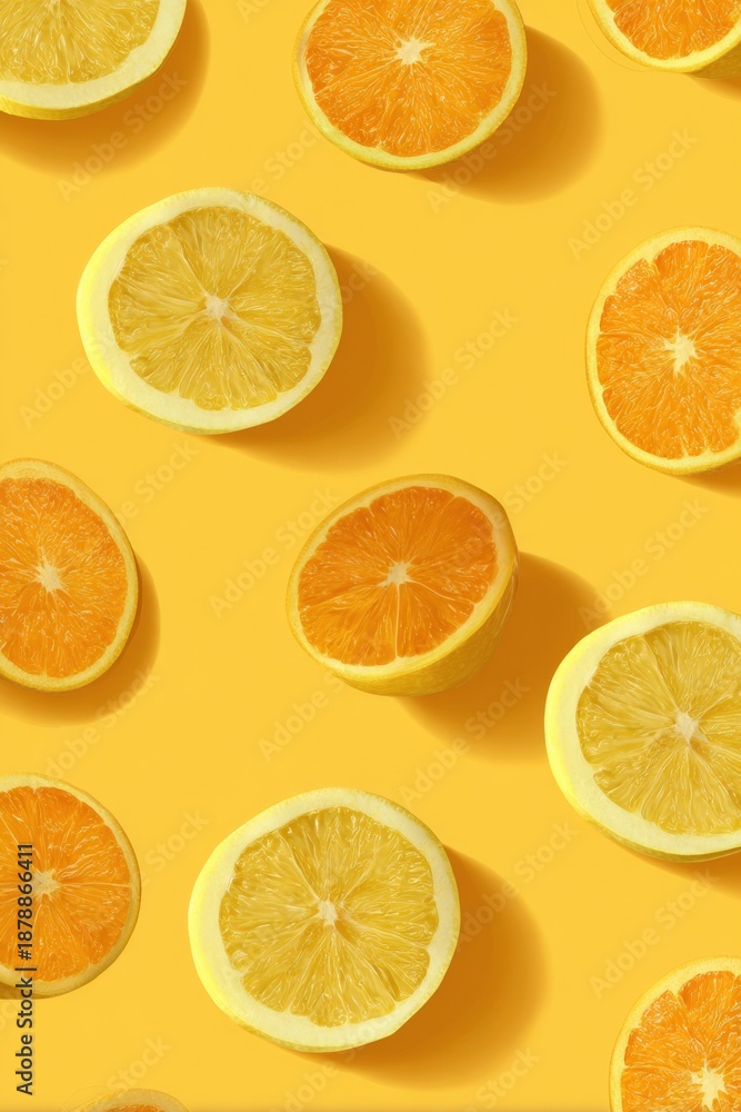 Fototapeta premium Vibrant halved oranges and lemons on bright yellow background