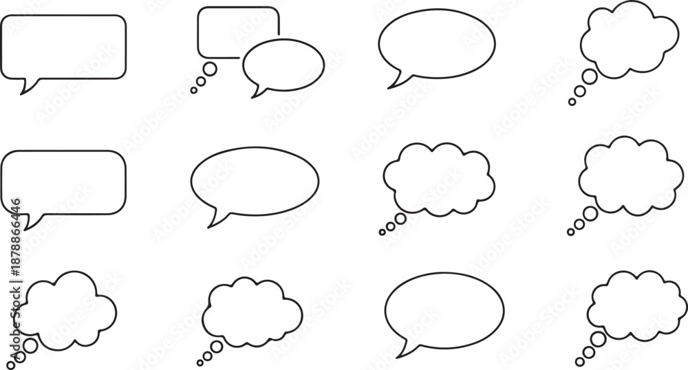 Fototapeta premium Collection of Outline Speech and Thought Bubbles for Communication, Ideas, and Messaging Concepts