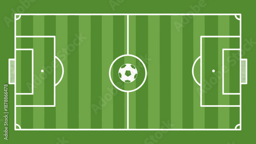 Top View of a Green Soccer Football Field with Goalposts and Ball in a Bright Setting