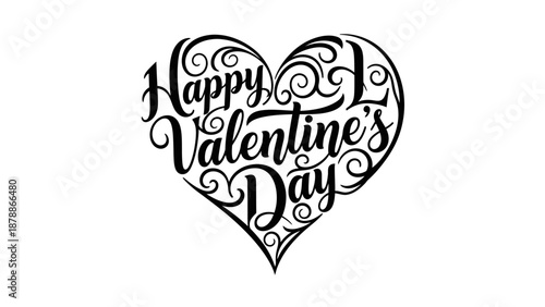 Decorative Black "Happy Valentine's Day" Heart Calligraphy on Isolated White Background