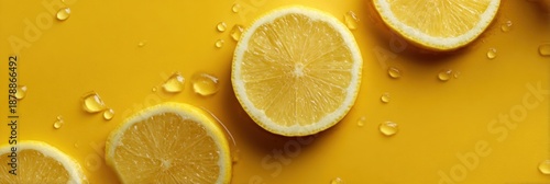 Fresh lemon slices on vibrant yellow background with water droplets