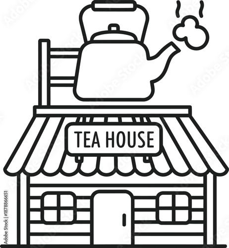 A quaint tea house with a teapot on the roof pouring steaming hot tea