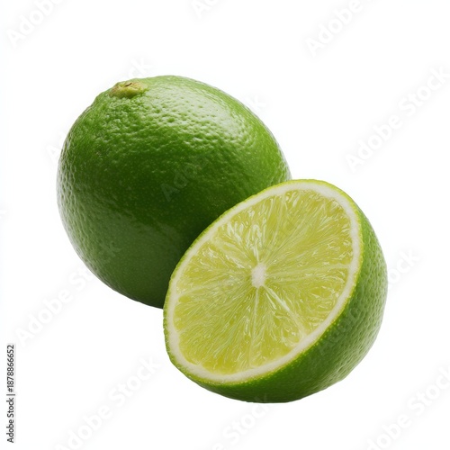 Fresh whole and half lime fruit on white background