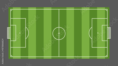 Top view of a vibrant green soccer football field with goalposts on a dark grey background