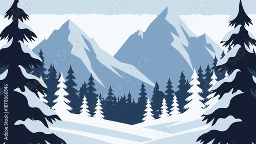 Serene Winter Mountain Landscape with Snowy Peaks and Pine Trees