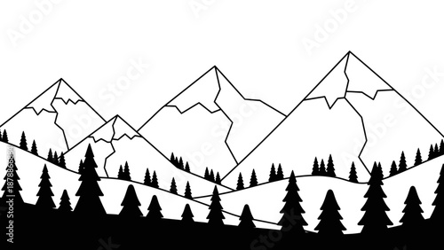 Outline Mountain Landscape with Pine Forest and Jagged Peaks, Nature Scenery Sketch