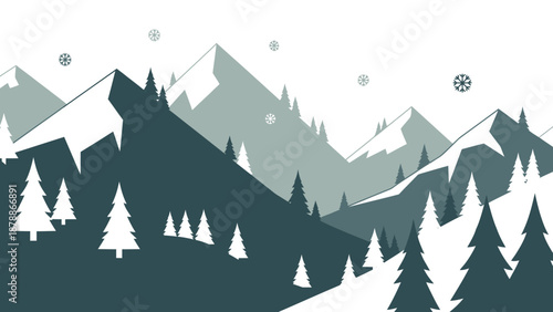 Serene winter mountain landscape with pine trees and falling snowflakes, in a cold forest