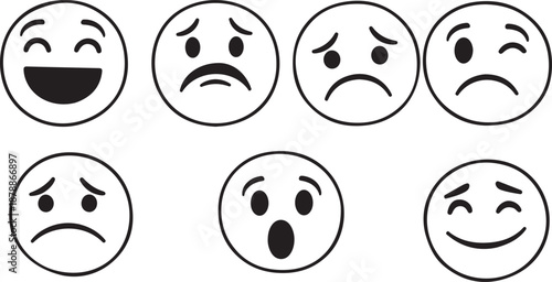 Classic Black and White Emoji Faces Icon Set Showing Happy, Sad, Worried and Surprised Emotions in Minimal Style