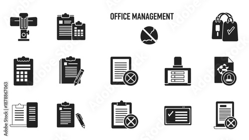 Set of detailed office management black glyph icons on isolated white background