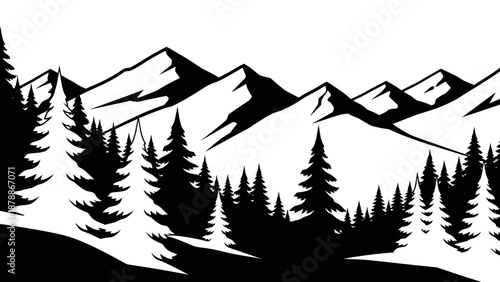 Majestic Mountain Forest Pine Trees Landscape Silhouette, Isolated on White Background