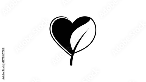 Eco Friendly Green Leaf Heart Filled Silhouette Logo Symbol, Isolated on White Background