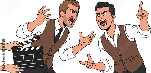 Angry Men Arguing and Shouting During Film Scene Rehearsal with Clapperboard Showing Conflict, Drama, Emotion, and Acting Performance Concept Vector Illustration
