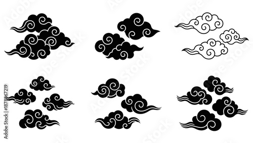 Set of Traditional Chinese Decorative Clouds with Solid Fill, Isolated White Background