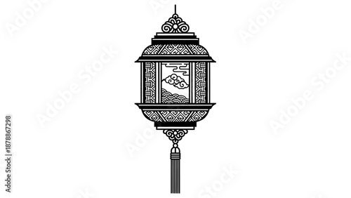 Ornate Traditional Chinese Lantern with Intricate Patterns and Tassel on Isolated White Background