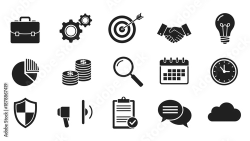 Collection of Business, Finance, and Office Management Icons, Communication and Data Symbols on Isolated White Background