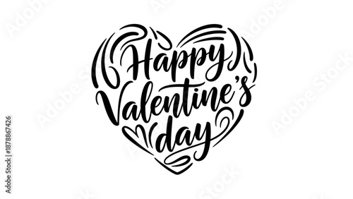 Happy Valentine's Day Calligraphy Text in Heart Shape, Romantic Greeting Message on Isolated White Background