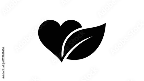 Black Heart with Green Leaf, Symbol of Love for Nature and Healthy Lifestyle on Isolated White Background