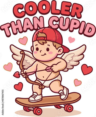 Cooler Than Cupid Cartoon Illustration of a Cute Cupid Riding a Skateboard for Valentine's Day