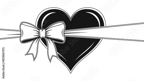 Black Heart Shaped Gift Box with Elegant Bow, Romantic Present Symbol for Valentine's Day on Isolated White Background