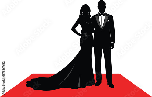 Elegant Couple Silhouette on Red Carpet Showing Luxury Lifestyle, Formal Fashion, and Celebrity Event Concept Flat Vector Illustration