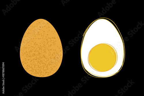 Decorative egg and sliced egg illustration with grain texture and bold contrast. Modern food themed graphic set for posters, packaging and seasonal Easter visuals.
