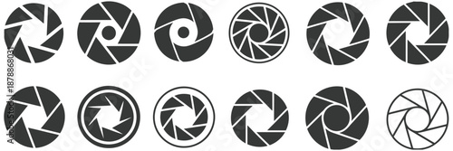 Camera lens diaphragm, including shutter icons, camera diaphragm symbols, vector illustration 