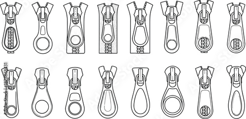 Black and white line of various zipper pulls zipper slider line black and white fashion accessory