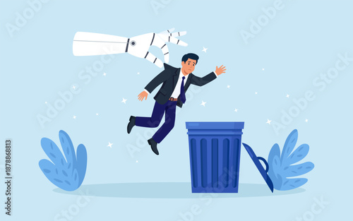 Robotic hand throwing unnecessary employee into trash can. Unemployment problem, reduction staff. Dismissal of employees. Artificial intelligence replacing human at workplace. AI business innovation