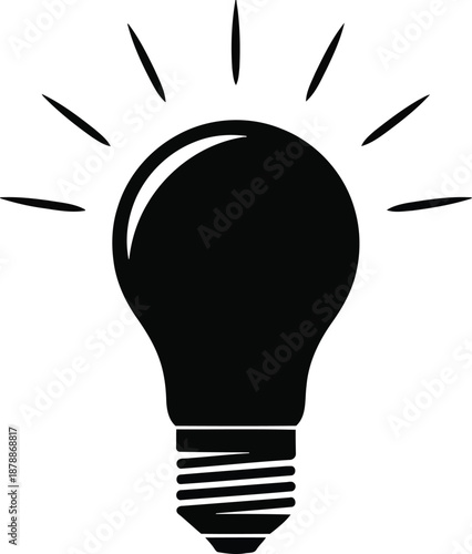 Simple black silhouette icon of glowing light bulb symbolizing idea innovation inspiration creativity and electrical power on transparent