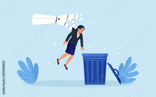 Robotic hand throwing unnecessary employee into trash can. Unemployment problem, reduction staff. Dismissal of employees. Artificial intelligence replacing human at workplace. AI business innovation