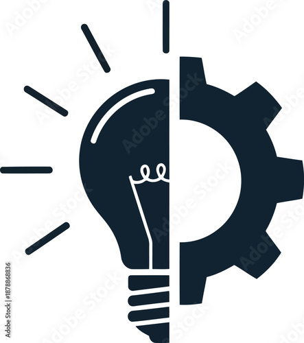 Design combining illuminated light bulb element with mechanical gear representing synergy between thought and construction solid icon