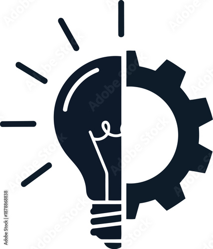 Split icon combining glowing light bulb representing idea and gear symbolizing engineering process or mechanical work