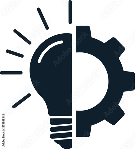 Icon representing fusion of brilliant idea and systematic engineering work using light bulb and gear on transparent background