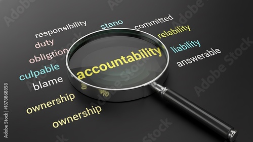 Magnifying glass over the word accountability, surrounded by related terms like responsibility, duty, and ownership on a dark background.