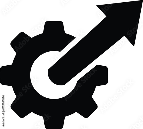 Business process optimization icon with industrial cog and rising trend arrow symbolizing technological advancement success