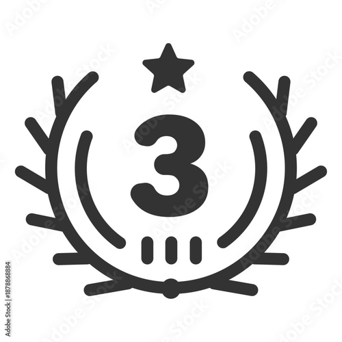 Laurel wreath with number 3. Symbol of the third-place winner and bronze medalist achievement. Clean bold line vector.
