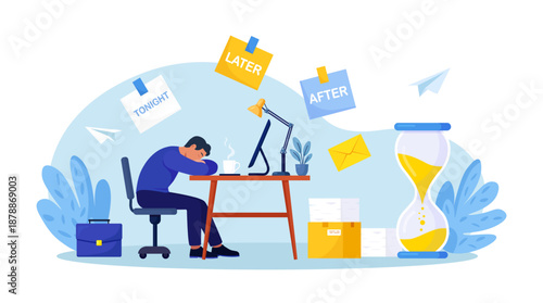 Professional burnout. Tired overworked man sleeping in office. Project deadline pressure. Overwhelmed depressed employee experiencing exhaustion and fatigue. Procrastination