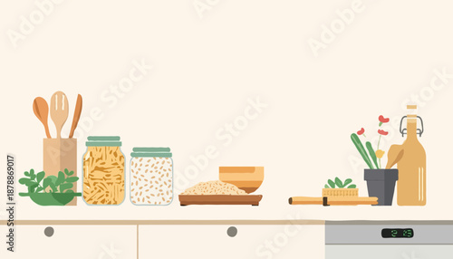 Zero-waste kitchen with glass containers, reusable bottle and wooden utensils