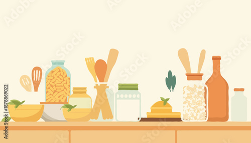 Zero-waste kitchen with glass containers, reusable bottle and wooden utensils