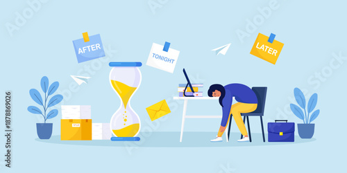 Professional burnout. Tired overworked woman sleeping in office. Project deadline pressure. Overwhelmed depressed employee experiencing exhaustion and fatigue. Procrastination