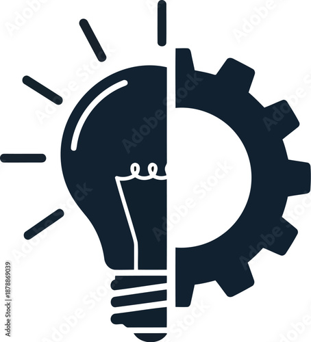 Split black icon combining half a light bulb and half a gear symbolizing the synergy between creative ideas and execution mechanics