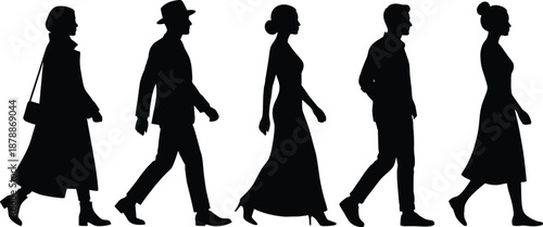 Black silhouettes of diverse people walking in a row, featuring elegant men and women in stylish fashion, business attire, and casual outfits for lifestyle design.