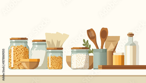 Zero-waste kitchen with glass containers, reusable bottle and wooden utensils