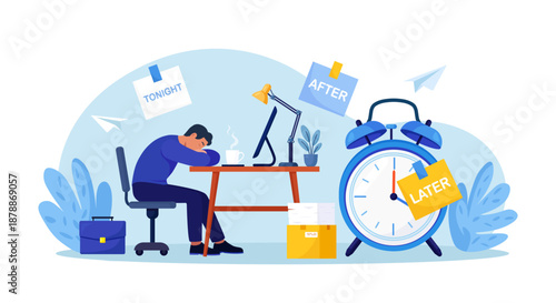 Professional burnout. Tired overworked man sleeping in office. Project deadline pressure. Overwhelmed depressed employee experiencing exhaustion and fatigue. Procrastination