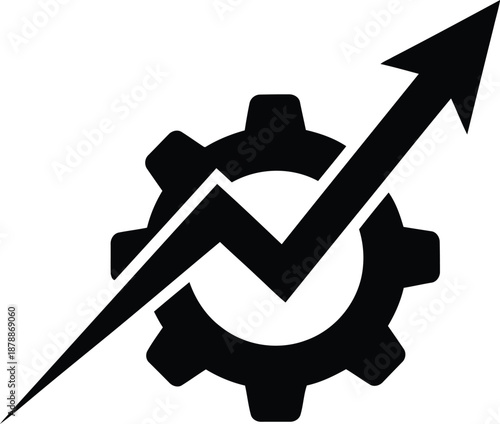 Black silhouette of a gear wheel combined with a rising arrow line graph showing business growth and performance improvement