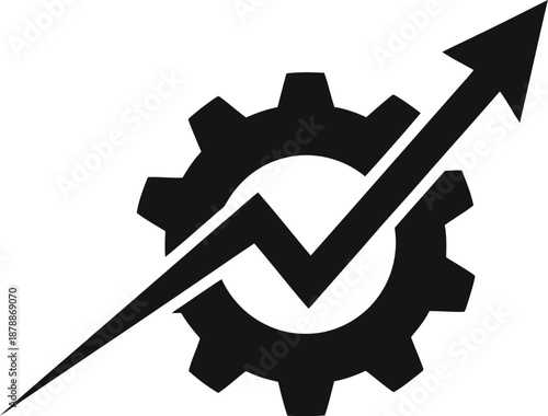 Black vector icon of an upward trending financial line graph superimposed on a mechanical gear representing optimization and market rise