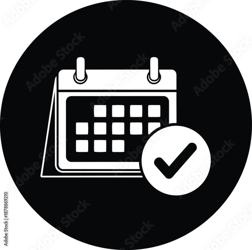 Calendar with check mark icon inside black circle button for scheduling and appointment confirmation on transparent design © Shodesh Agency 