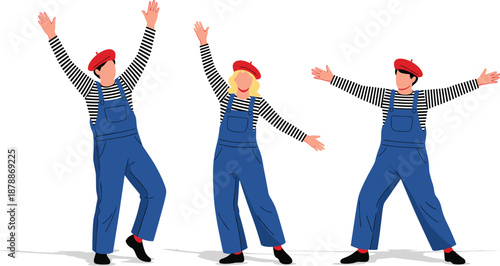 Joyful Dancers in Overalls – Playful Mime-Style Performers Celebrating with Open Arms